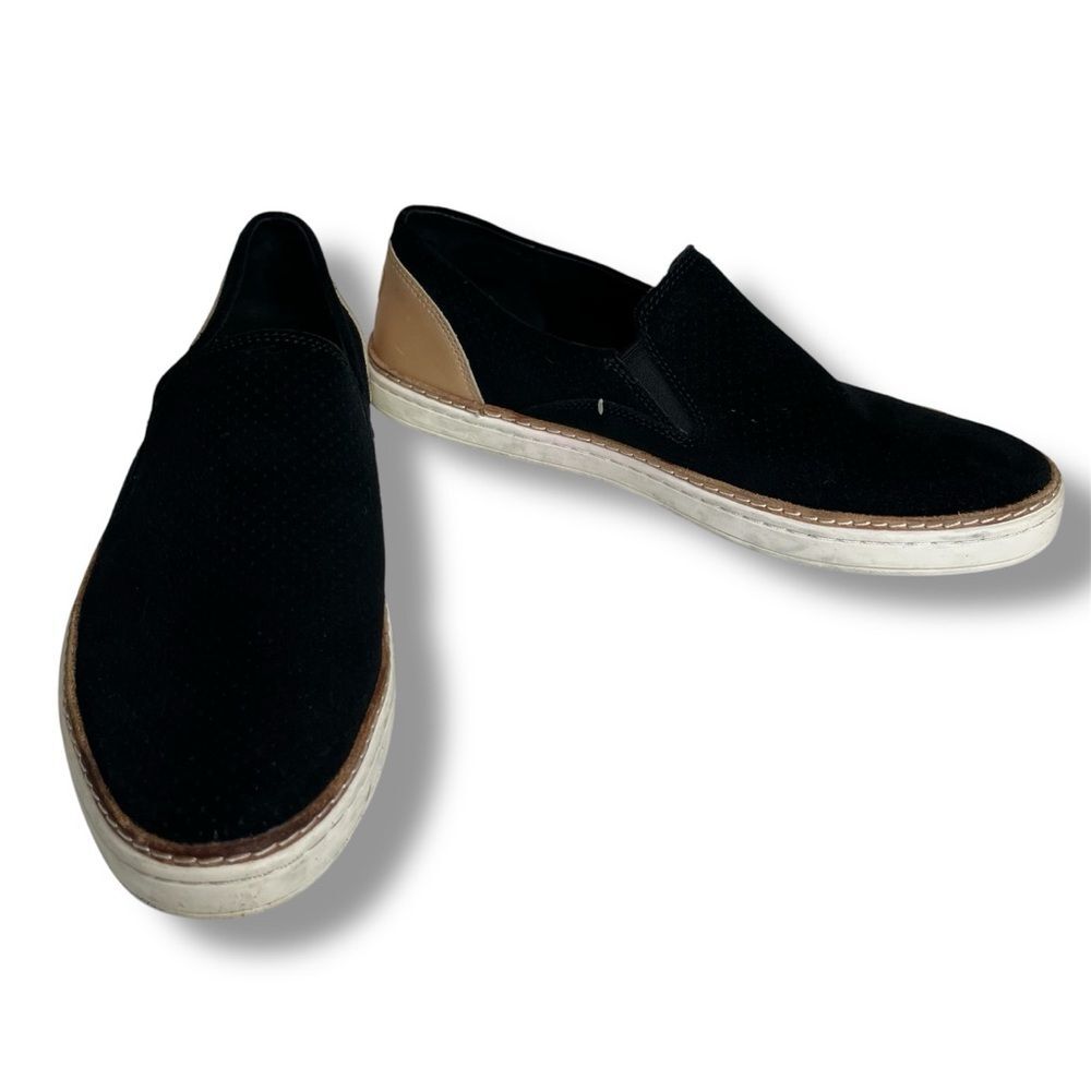 Ugg Adley Perf Slip On Sneaker Black Suede Tan Leather Women Size 8 Comfort Shoe